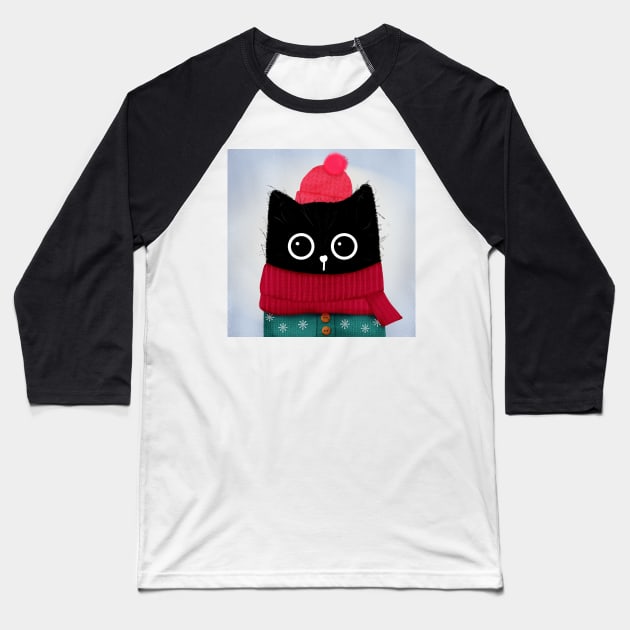 Black Cat Portrait in the Winter Baseball T-Shirt by StephersMc